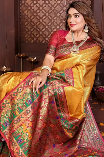 mustard faux banarasi tissue silk blend blend woven rich paithani ethnic partywear saree
