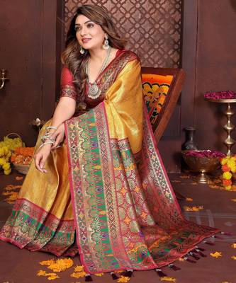 mustard faux banarasi tissue silk blend blend woven rich paithani ethnic partywear saree 5