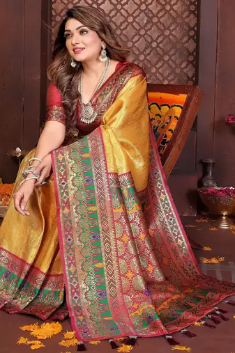 mustard faux banarasi tissue silk blend blend woven rich paithani ethnic partywear saree