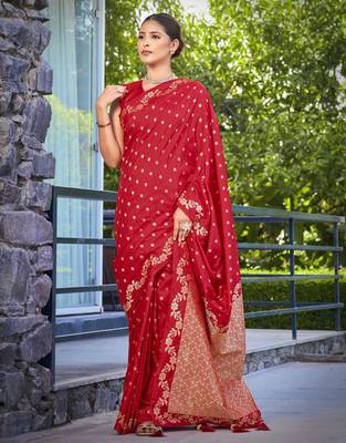 banarasi satin silk blend woven red saree with heavy jacquard work saree with blouse piece 1