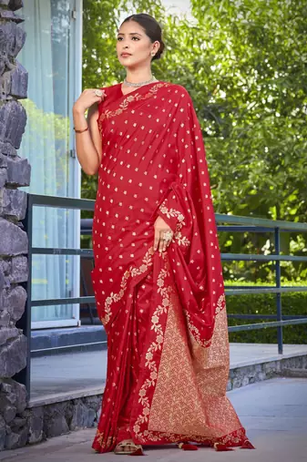 banarasi satin silk blend woven red saree with heavy jacquard work saree with blouse piece