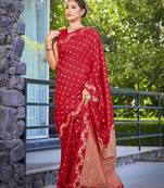 banarasi satin silk blend woven red saree with heavy jacquard work saree with blouse piece