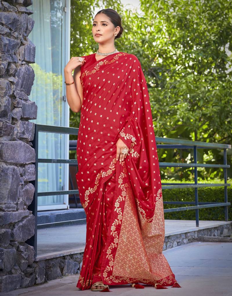 banarasi satin silk blend woven red saree with heavy jacquard work saree with blouse piece