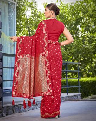 banarasi satin silk blend woven red saree with heavy jacquard work saree with blouse piece 2