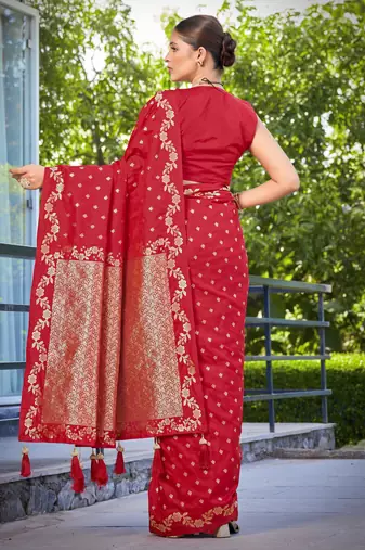 banarasi satin silk blend woven red saree with heavy jacquard work saree with blouse piece