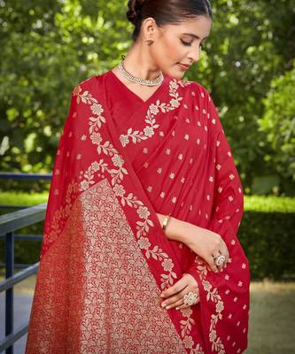 banarasi satin silk blend woven red saree with heavy jacquard work saree with blouse piece 3