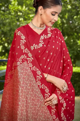 banarasi satin silk blend woven red saree with heavy jacquard work saree with blouse piece