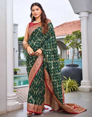 banarasi satin silk blend woven green & red saree with heavy jacquard work saree with blouse piece 1