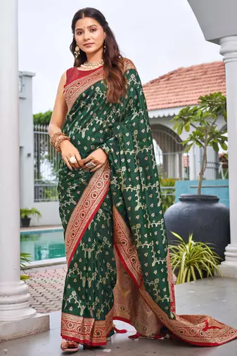 banarasi satin silk blend woven green & red saree with heavy jacquard work saree with blouse piece