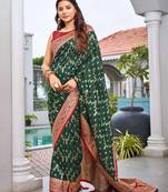banarasi satin silk blend woven green & red saree with heavy jacquard work saree with blouse piece