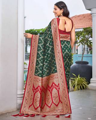 banarasi satin silk blend woven green & red saree with heavy jacquard work saree with blouse piece 2