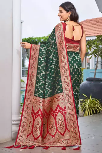 banarasi satin silk blend woven green & red saree with heavy jacquard work saree with blouse piece