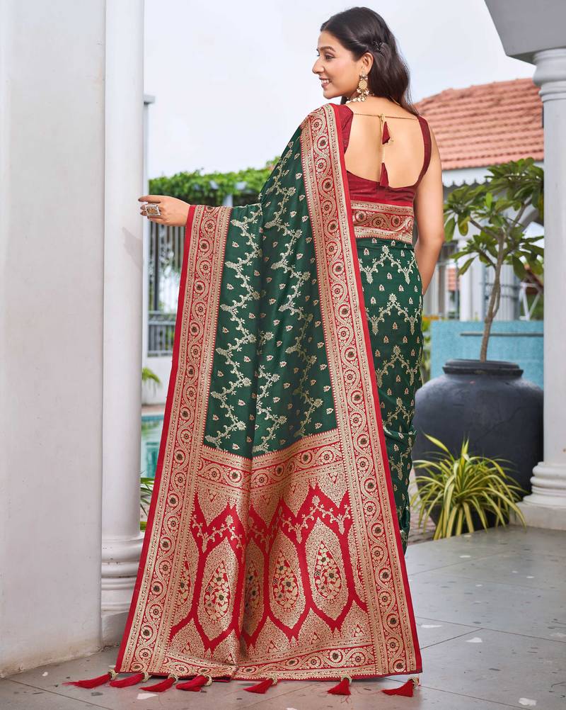banarasi satin silk blend woven green & red saree with heavy jacquard work saree with blouse piece