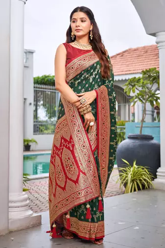 banarasi satin silk blend woven green & red saree with heavy jacquard work saree with blouse piece
