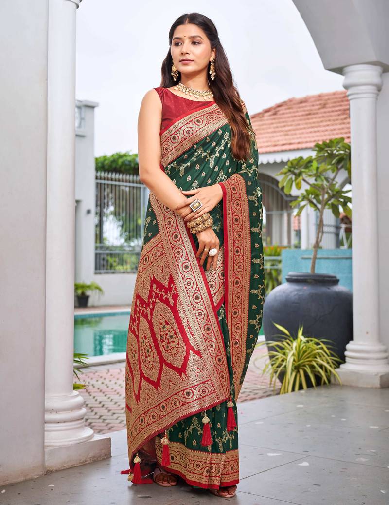 banarasi satin silk blend woven green & red saree with heavy jacquard work saree with blouse piece