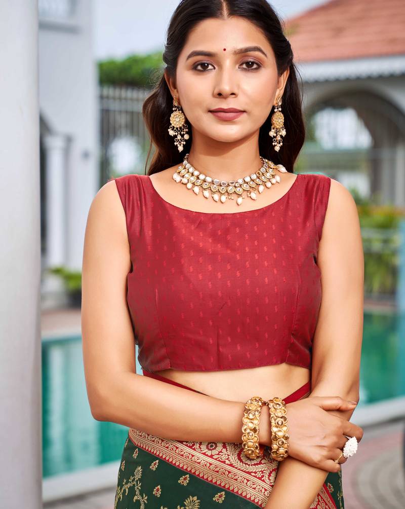 banarasi satin silk blend woven green & red saree with heavy jacquard work saree with blouse piece