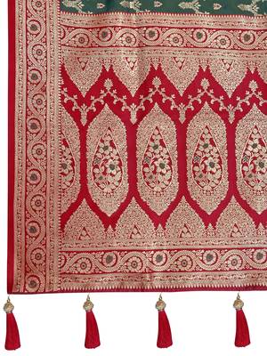 banarasi satin silk blend woven green & red saree with heavy jacquard work saree with blouse piece 5