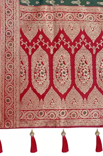 banarasi satin silk blend woven green & red saree with heavy jacquard work saree with blouse piece