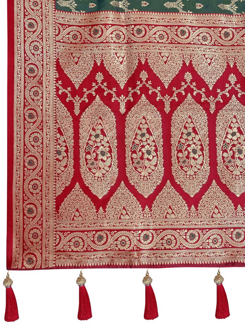 banarasi satin silk blend woven green & red saree with heavy jacquard work saree with blouse piece