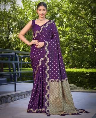 banarasi satin silk blend woven dark purple saree with heavy jacquard work saree with blouse piece 1