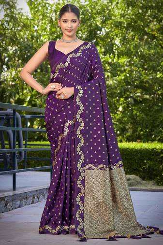 banarasi satin silk blend woven dark purple saree with heavy jacquard work saree with blouse piece