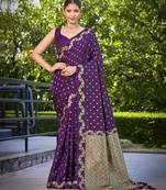 banarasi satin silk blend woven dark purple saree with heavy jacquard work saree with blouse piece