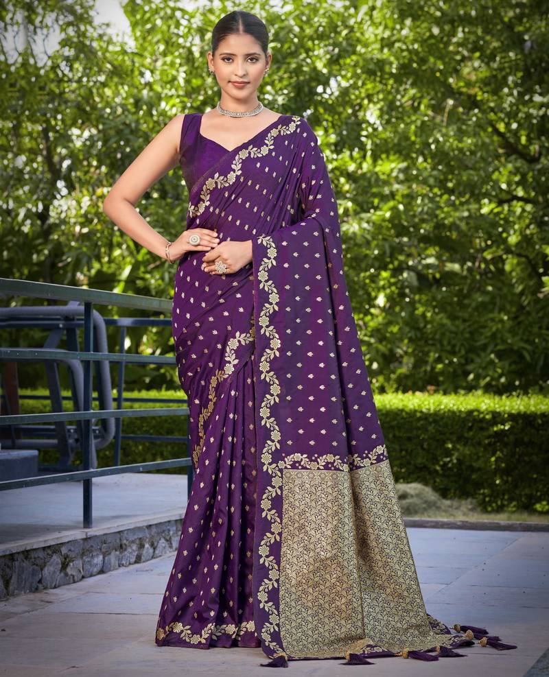banarasi satin silk blend woven dark purple saree with heavy jacquard work saree with blouse piece