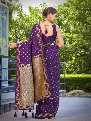 banarasi satin silk blend woven dark purple saree with heavy jacquard work saree with blouse piece 2