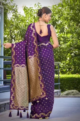 banarasi satin silk blend woven dark purple saree with heavy jacquard work saree with blouse piece