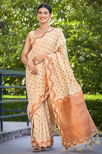 banarasi satin silk blend woven creamy beige saree with heavy jacquard work saree with blouse piece