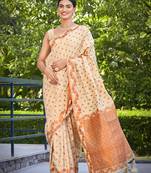 banarasi satin silk blend woven creamy beige saree with heavy jacquard work saree with blouse piece