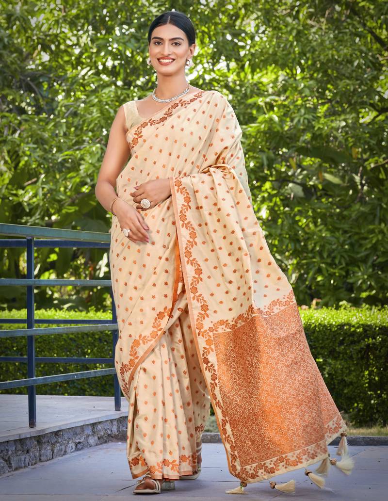 banarasi satin silk blend woven creamy beige saree with heavy jacquard work saree with blouse piece