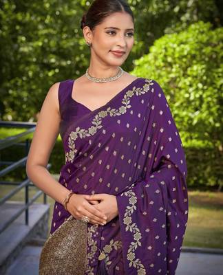 banarasi satin silk blend woven dark purple saree with heavy jacquard work saree with blouse piece 3