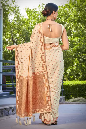 banarasi satin silk blend woven creamy beige saree with heavy jacquard work saree with blouse piece
