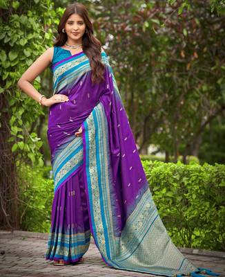 banarasi satin silk blend woven dark purple & blue saree with heavy jacquard work saree with blouse piece 1