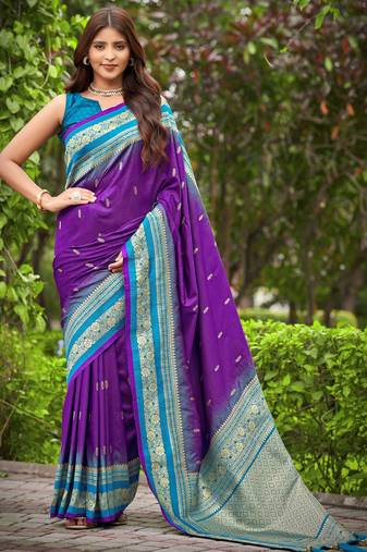 banarasi satin silk blend woven dark purple & blue saree with heavy jacquard work saree with blouse piece