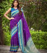 banarasi satin silk blend woven dark purple & blue saree with heavy jacquard work saree with blouse piece