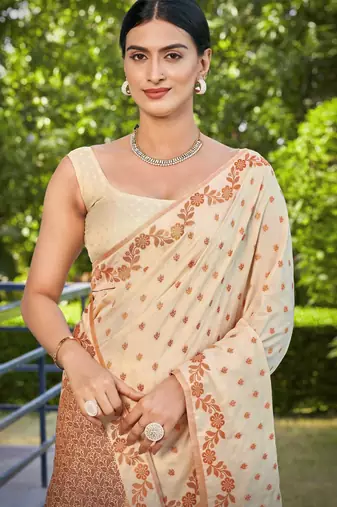 banarasi satin silk blend woven creamy beige saree with heavy jacquard work saree with blouse piece