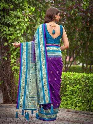 banarasi satin silk blend woven dark purple & blue saree with heavy jacquard work saree with blouse piece 2