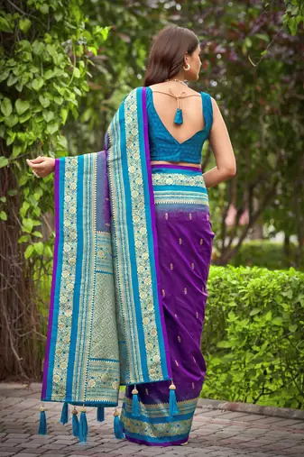 banarasi satin silk blend woven dark purple & blue saree with heavy jacquard work saree with blouse piece