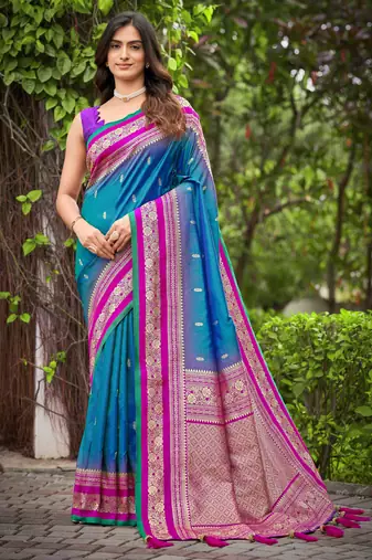 banarasi satin silk blend woven deep blue & pink saree with heavy jacquard work saree with blouse piece