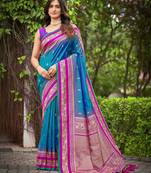 banarasi satin silk blend woven deep blue & pink saree with heavy jacquard work saree with blouse piece