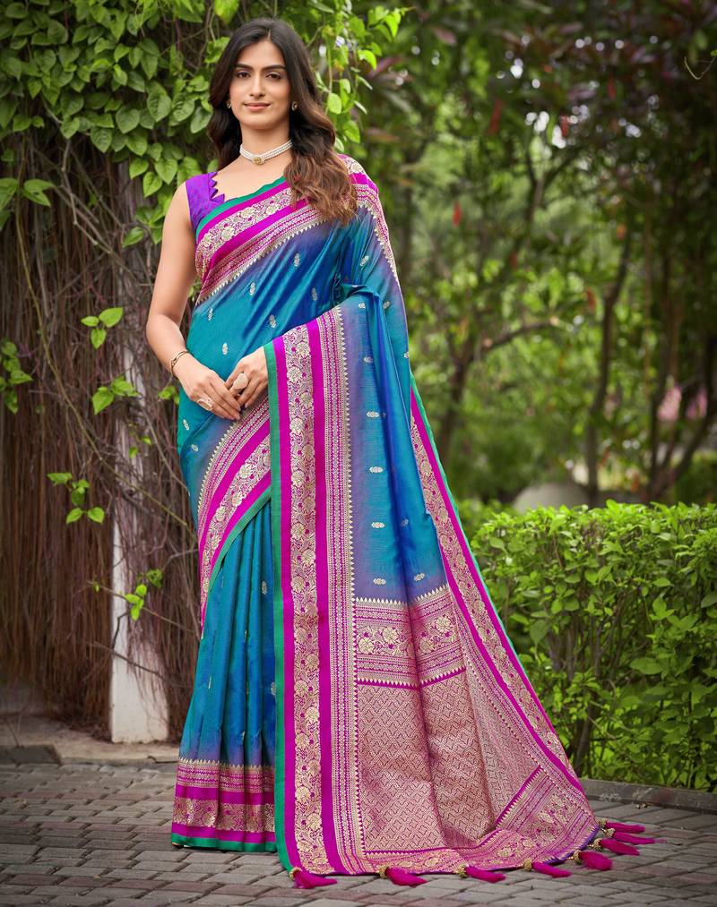 banarasi satin silk blend woven deep blue & pink saree with heavy jacquard work saree with blouse piece
