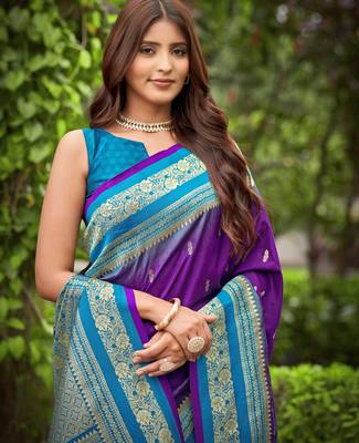 banarasi satin silk blend woven dark purple & blue saree with heavy jacquard work saree with blouse piece 3