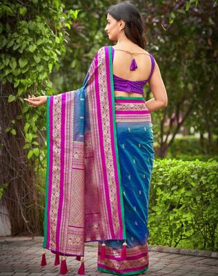 banarasi satin silk blend woven deep blue & pink saree with heavy jacquard work saree with blouse piece 2
