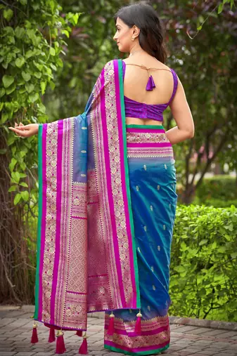 banarasi satin silk blend woven deep blue & pink saree with heavy jacquard work saree with blouse piece