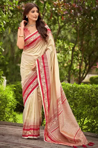 banarasi satin silk blend woven creamy beige & red saree with heavy jacquard work saree with blouse piece