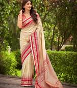 banarasi satin silk blend woven creamy beige & red saree with heavy jacquard work saree with blouse piece