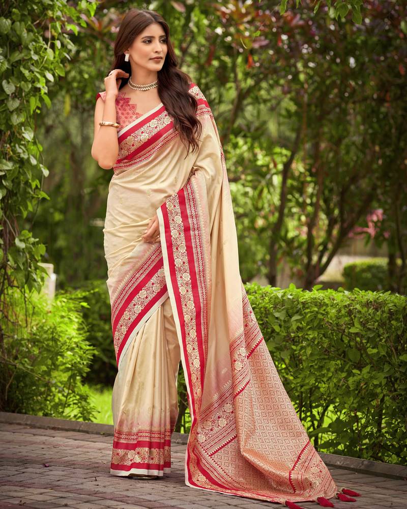 banarasi satin silk blend woven creamy beige & red saree with heavy jacquard work saree with blouse piece