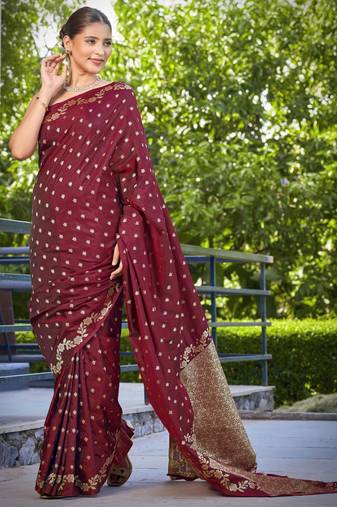 banarasi satin silk blend woven dark maroon saree with heavy jacquard work saree with blouse piece